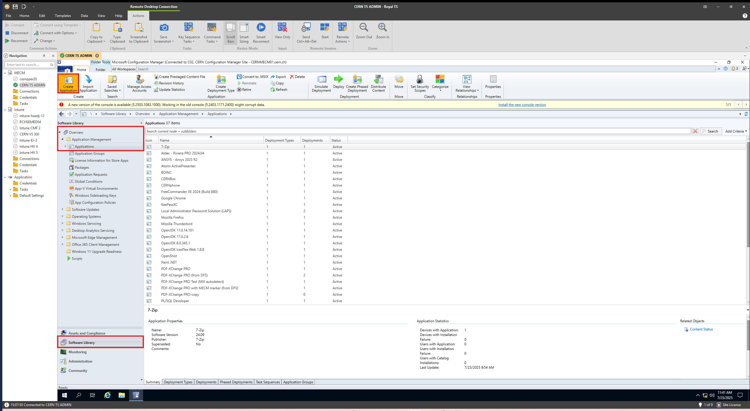 Create Application button in MECM interface