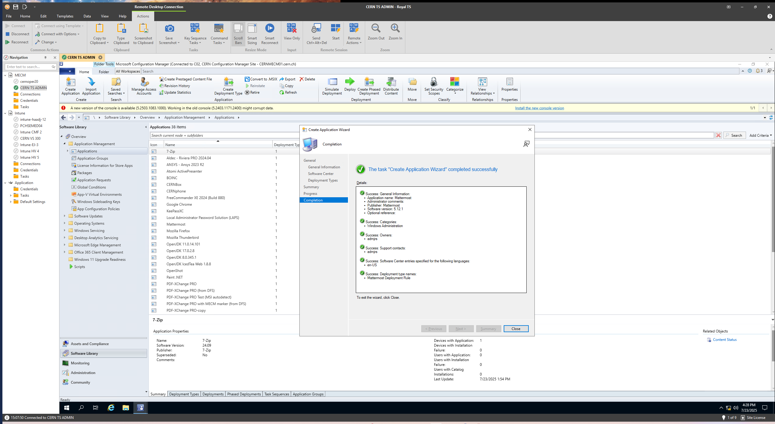 Summary before finishing application creation